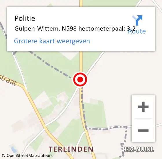 Locatie op kaart van de 112 melding: Politie Gulpen-Wittem, N598 hectometerpaal: 3,2 op 23 april 2023 11:22