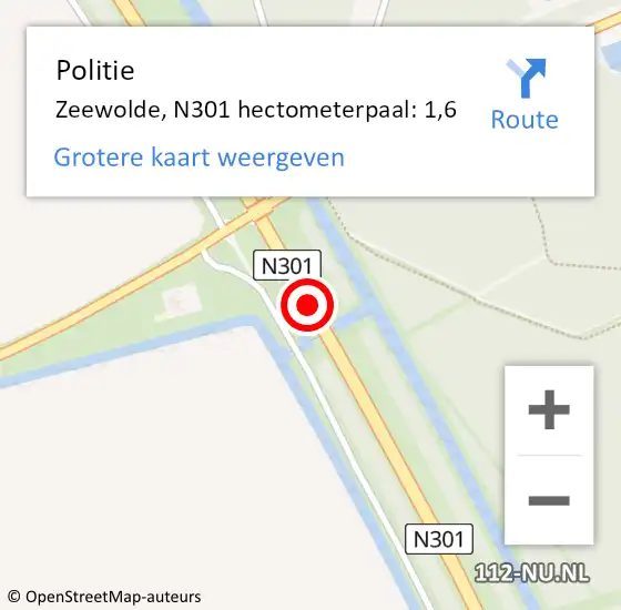 Locatie op kaart van de 112 melding: Politie Zeewolde, N301 hectometerpaal: 1,6 op 23 april 2023 17:31