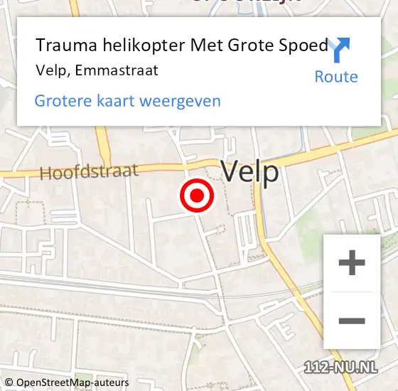 Locatie op kaart van de 112 melding: Trauma helikopter Met Grote Spoed Naar Velp, Emmastraat op 27 april 2023 10:42
