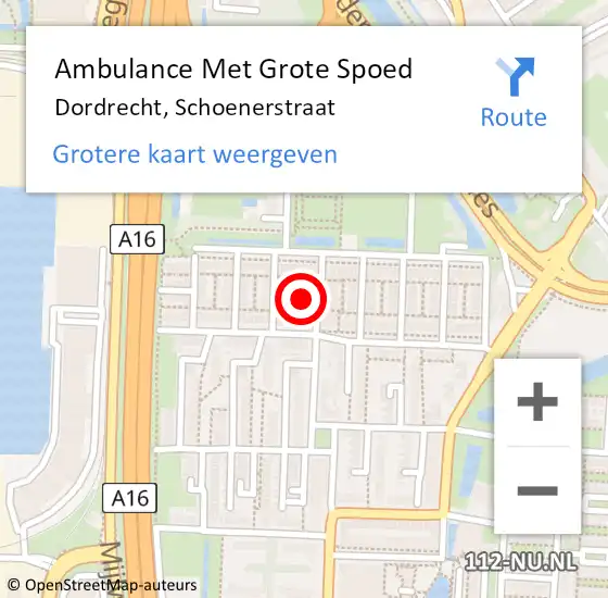 Locatie op kaart van de 112 melding: Ambulance Met Grote Spoed Naar Dordrecht, Schoenerstraat op 27 april 2023 15:50