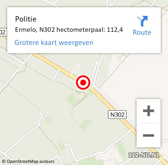 Locatie op kaart van de 112 melding: Politie Ermelo, N302 hectometerpaal: 112,4 op 27 april 2023 17:34