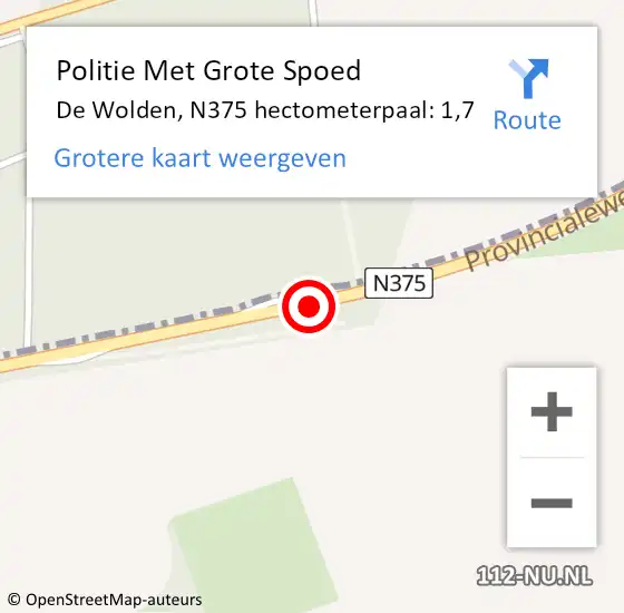 Locatie op kaart van de 112 melding: Politie Met Grote Spoed Naar De Wolden, N375 hectometerpaal: 1,7 op 28 april 2023 12:17