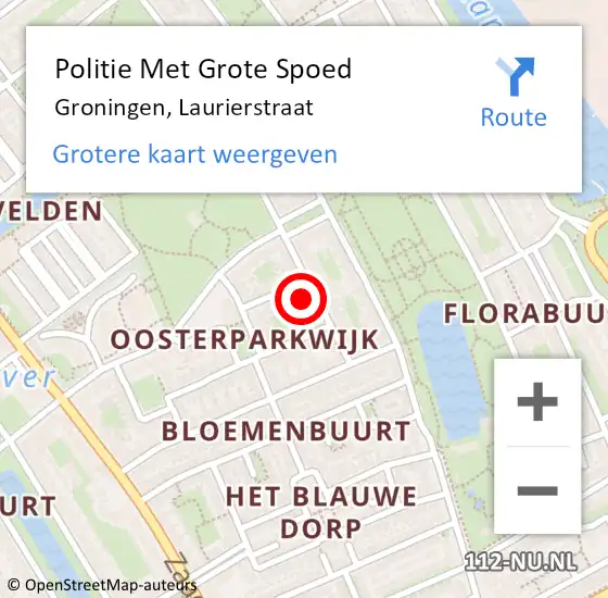 Locatie op kaart van de 112 melding: Politie Met Grote Spoed Naar Groningen, Laurierstraat op 1 mei 2023 20:09