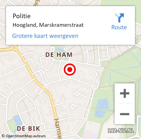 Locatie op kaart van de 112 melding: Politie Hoogland, Marskramerstraat op 2 mei 2023 09:46