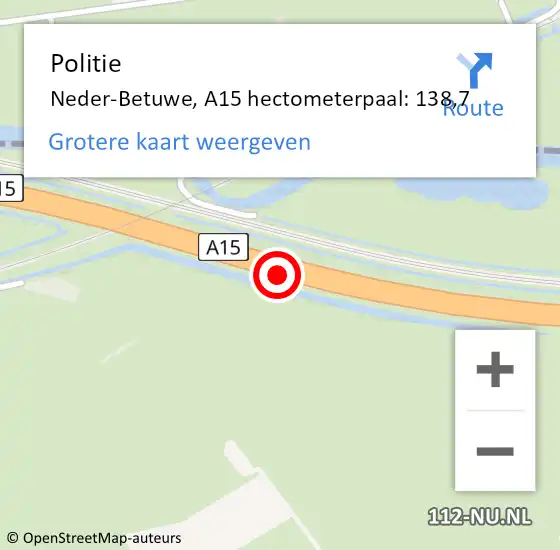 Locatie op kaart van de 112 melding: Politie Neder-Betuwe, A15 hectometerpaal: 138,7 op 3 mei 2023 09:50