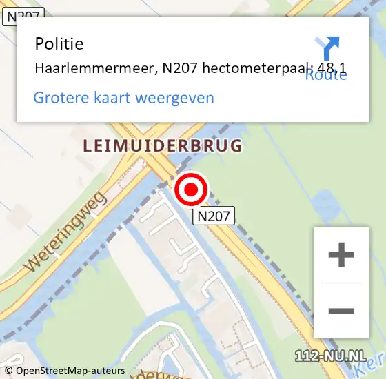 Locatie op kaart van de 112 melding: Politie Haarlemmermeer, N207 hectometerpaal: 48,1 op 3 mei 2023 15:37
