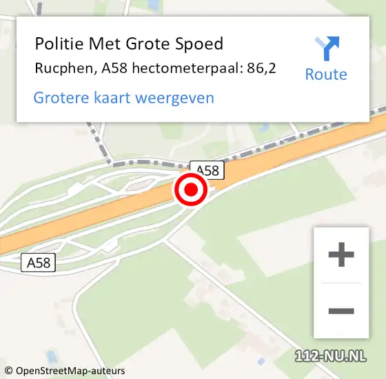 Locatie op kaart van de 112 melding: Politie Met Grote Spoed Naar Rucphen, A58 hectometerpaal: 86,2 op 3 mei 2023 18:23