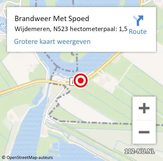 Locatie op kaart van de 112 melding: Brandweer Met Spoed Naar Wijdemeren, N523 hectometerpaal: 1,5 op 3 mei 2023 21:14