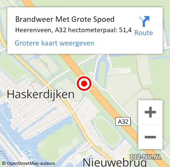 Locatie op kaart van de 112 melding: Brandweer Met Grote Spoed Naar Heerenveen, A32 hectometerpaal: 51,4 op 4 mei 2023 00:03
