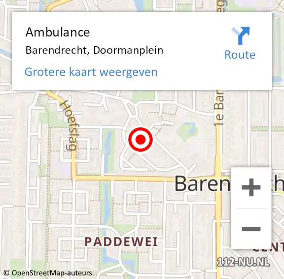 Locatie op kaart van de 112 melding: Ambulance Barendrecht, Doormanplein op 4 mei 2023 19:07