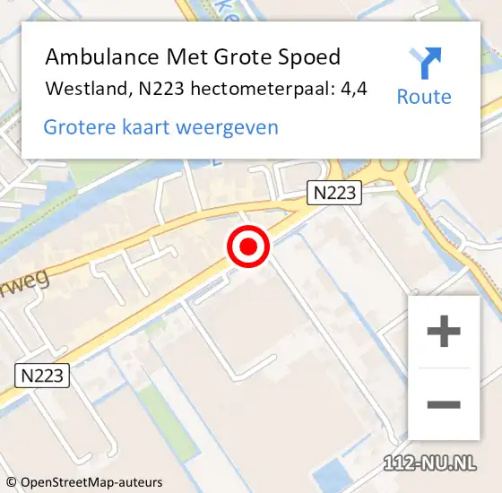Locatie op kaart van de 112 melding: Ambulance Met Grote Spoed Naar Westland, N223 hectometerpaal: 4,4 op 6 mei 2023 01:14