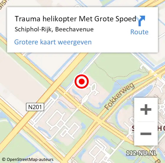 Locatie op kaart van de 112 melding: Trauma helikopter Met Grote Spoed Naar Schiphol-Rijk, Beechavenue op 6 mei 2023 05:29