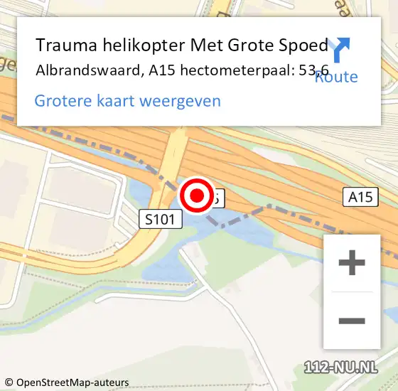 Locatie op kaart van de 112 melding: Trauma helikopter Met Grote Spoed Naar Albrandswaard, A15 hectometerpaal: 53,6 op 6 mei 2023 13:33