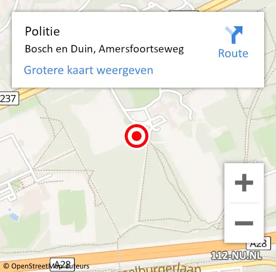Locatie op kaart van de 112 melding: Politie Bosch en Duin, Amersfoortseweg op 9 mei 2023 07:04