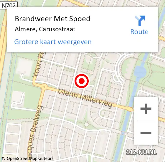 Locatie op kaart van de 112 melding: Brandweer Met Spoed Naar Almere, Carusostraat op 9 mei 2023 10:38
