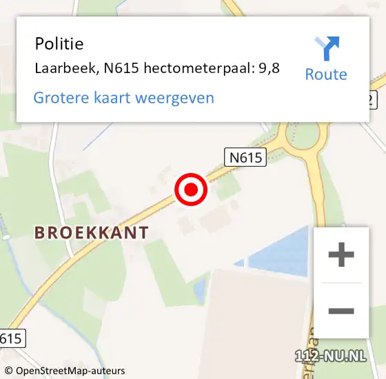 Locatie op kaart van de 112 melding: Politie Laarbeek, N615 hectometerpaal: 9,8 op 10 mei 2023 07:58