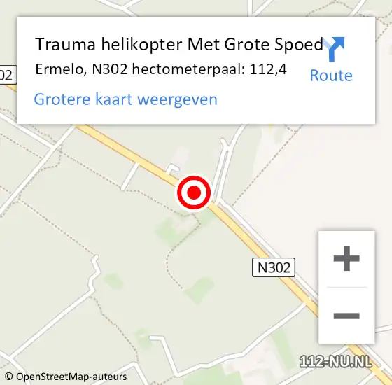 Locatie op kaart van de 112 melding: Trauma helikopter Met Grote Spoed Naar Ermelo, N302 hectometerpaal: 112,4 op 10 mei 2023 09:00