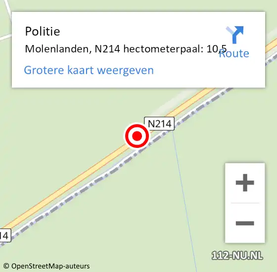 Locatie op kaart van de 112 melding: Politie Molenlanden, N214 hectometerpaal: 10,5 op 10 mei 2023 13:11