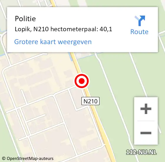 Locatie op kaart van de 112 melding: Politie Lopik, N210 hectometerpaal: 40,1 op 10 mei 2023 14:18