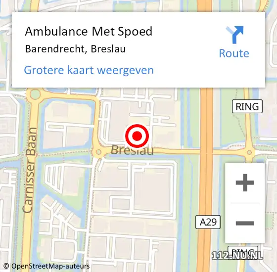 Locatie op kaart van de 112 melding: Ambulance Met Spoed Naar Barendrecht, Breslau op 10 mei 2023 15:10