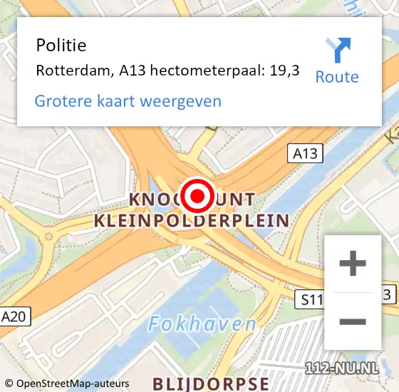 Locatie op kaart van de 112 melding: Politie Rotterdam, A13 hectometerpaal: 19,3 op 10 mei 2023 15:15