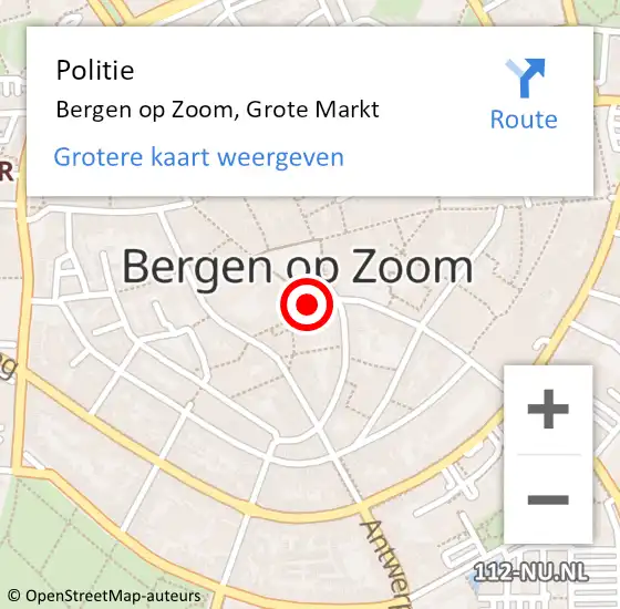 Locatie op kaart van de 112 melding: Politie Bergen op Zoom, Grote Markt op 11 mei 2023 13:44