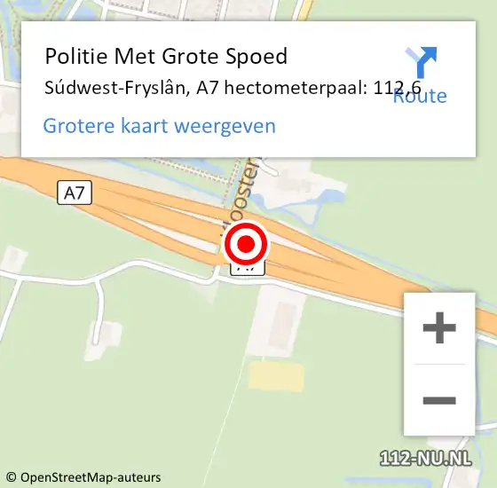 Locatie op kaart van de 112 melding: Politie Met Grote Spoed Naar Súdwest-Fryslân, A7 hectometerpaal: 112,6 op 11 mei 2023 18:37