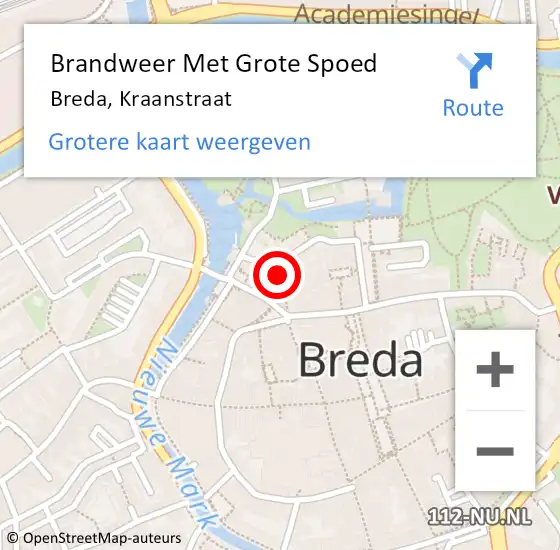Locatie op kaart van de 112 melding: Brandweer Met Grote Spoed Naar Breda, Kraanstraat op 12 mei 2023 11:02