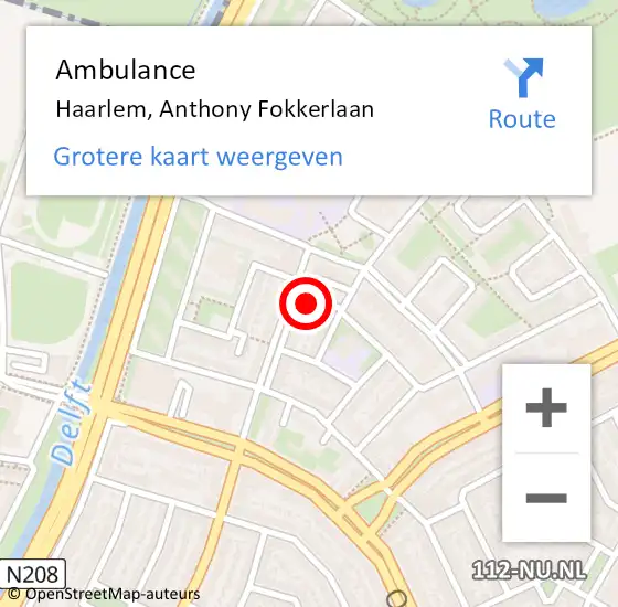 Locatie op kaart van de 112 melding: Ambulance Haarlem, Anthony Fokkerlaan op 13 mei 2023 10:06