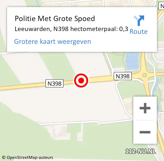 Locatie op kaart van de 112 melding: Politie Met Grote Spoed Naar Leeuwarden, N398 hectometerpaal: 0,3 op 13 mei 2023 15:12