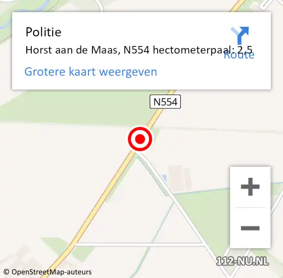 Locatie op kaart van de 112 melding: Politie Horst aan de Maas, N554 hectometerpaal: 2,5 op 14 mei 2023 08:11