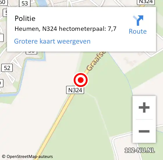 Locatie op kaart van de 112 melding: Politie Heumen, N324 hectometerpaal: 7,7 op 14 mei 2023 17:06