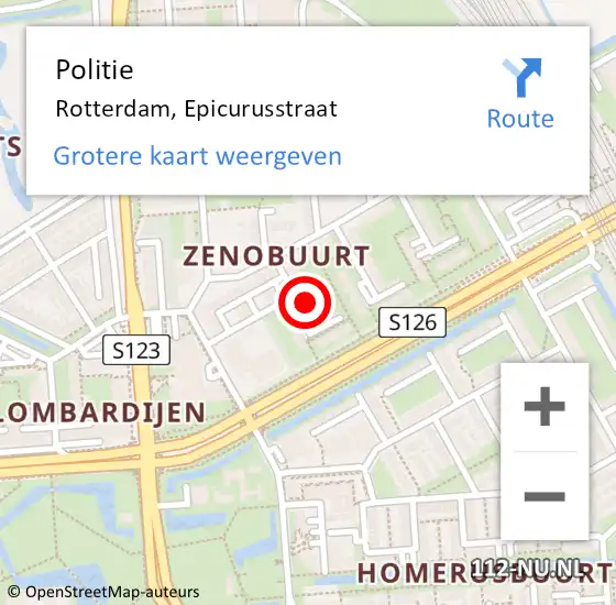 Locatie op kaart van de 112 melding: Politie Rotterdam, Epicurusstraat op 15 mei 2023 09:41