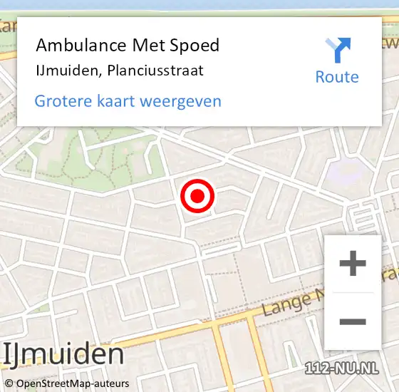 Locatie op kaart van de 112 melding: Ambulance Met Spoed Naar IJmuiden, Planciusstraat op 15 mei 2023 15:11