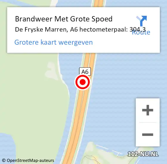 Locatie op kaart van de 112 melding: Brandweer Met Grote Spoed Naar De Fryske Marren, A6 hectometerpaal: 304,3 op 15 mei 2023 19:21