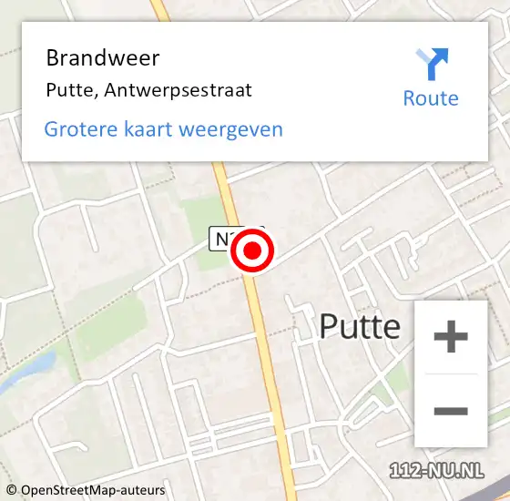 Locatie op kaart van de 112 melding: Brandweer Putte, Antwerpsestraat op 15 mei 2023 20:14