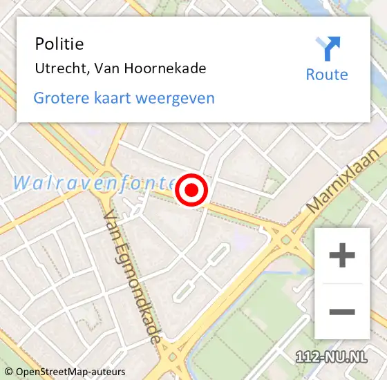 Locatie op kaart van de 112 melding: Politie Utrecht, Van Hoornekade op 15 mei 2023 22:39
