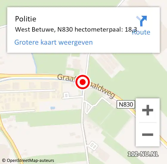 Locatie op kaart van de 112 melding: Politie West Betuwe, N830 hectometerpaal: 18,3 op 16 mei 2023 16:53