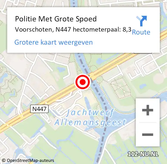 Locatie op kaart van de 112 melding: Politie Met Grote Spoed Naar Voorschoten, N447 hectometerpaal: 8,3 op 17 mei 2023 06:08