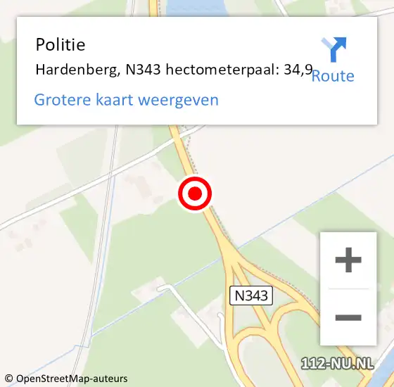 Locatie op kaart van de 112 melding: Politie Hardenberg, N343 hectometerpaal: 34,9 op 17 mei 2023 15:17