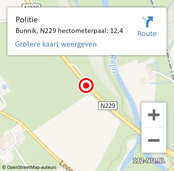Locatie op kaart van de 112 melding: Politie Bunnik, N229 hectometerpaal: 12,4 op 18 mei 2023 00:27