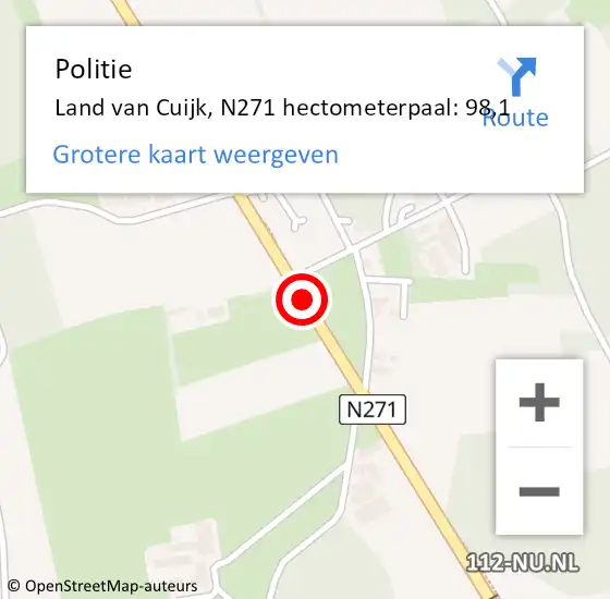 Locatie op kaart van de 112 melding: Politie Land van Cuijk, N271 hectometerpaal: 98,1 op 20 mei 2023 11:32