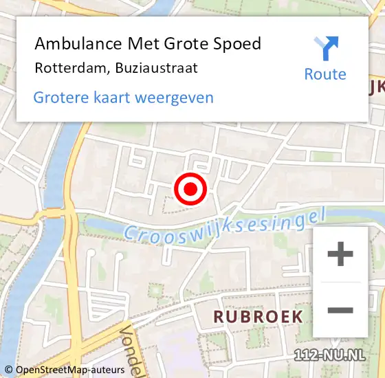 Locatie op kaart van de 112 melding: Ambulance Met Grote Spoed Naar Rotterdam, Buziaustraat op 20 mei 2023 20:00