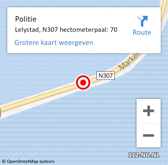 Locatie op kaart van de 112 melding: Politie Lelystad, N307 hectometerpaal: 70 op 21 mei 2023 15:36
