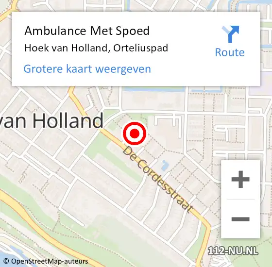 Locatie op kaart van de 112 melding: Ambulance Met Spoed Naar Hoek van Holland, Orteliuspad op 21 mei 2023 16:37