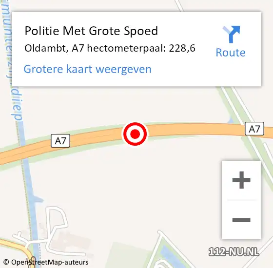 Locatie op kaart van de 112 melding: Politie Met Grote Spoed Naar Oldambt, A7 hectometerpaal: 228,6 op 22 mei 2023 04:58