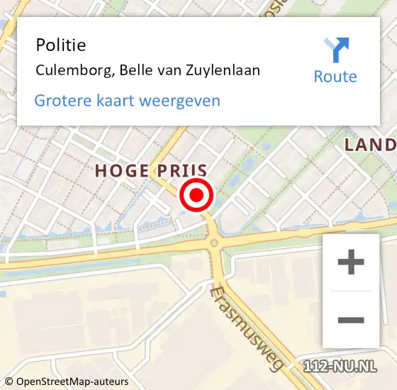 Locatie op kaart van de 112 melding: Politie Culemborg, Belle van Zuylenlaan op 22 mei 2023 09:11