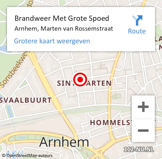 Locatie op kaart van de 112 melding: Brandweer Met Grote Spoed Naar Arnhem, Marten van Rossemstraat op 22 mei 2023 09:37