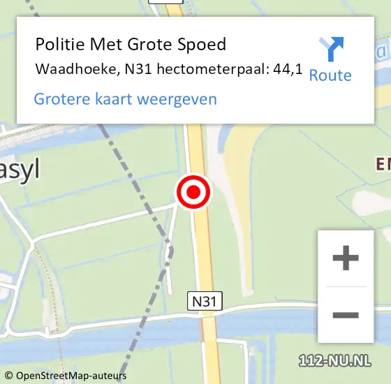 Locatie op kaart van de 112 melding: Politie Met Grote Spoed Naar Waadhoeke, N31 hectometerpaal: 44,1 op 22 mei 2023 15:01