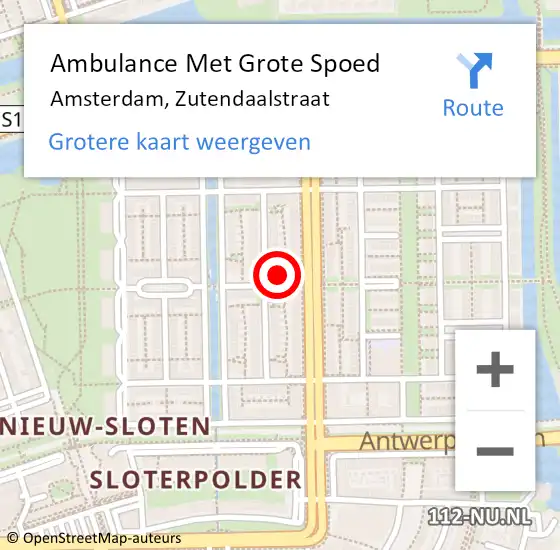 Locatie op kaart van de 112 melding: Ambulance Met Grote Spoed Naar Amsterdam, Zutendaalstraat op 22 mei 2023 22:47